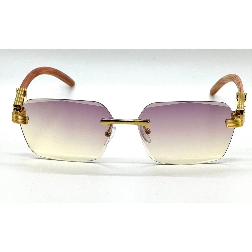 Frameless Men Rectangle Sunglasses Gold Buffs Migos Purple Yellow Gradient Lens